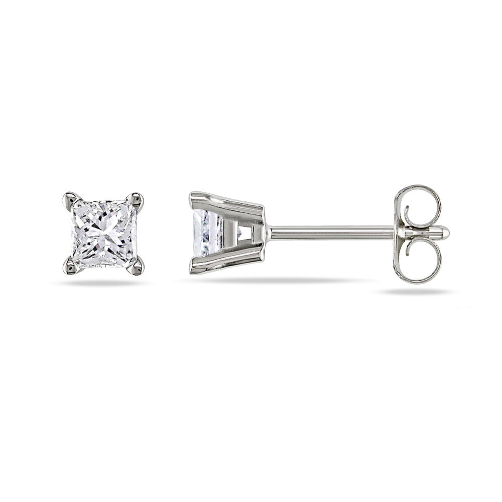 1/2 CT Solitaire Princess Cut Screw Back Earrings Set in 14K White Gold (I1-I2)