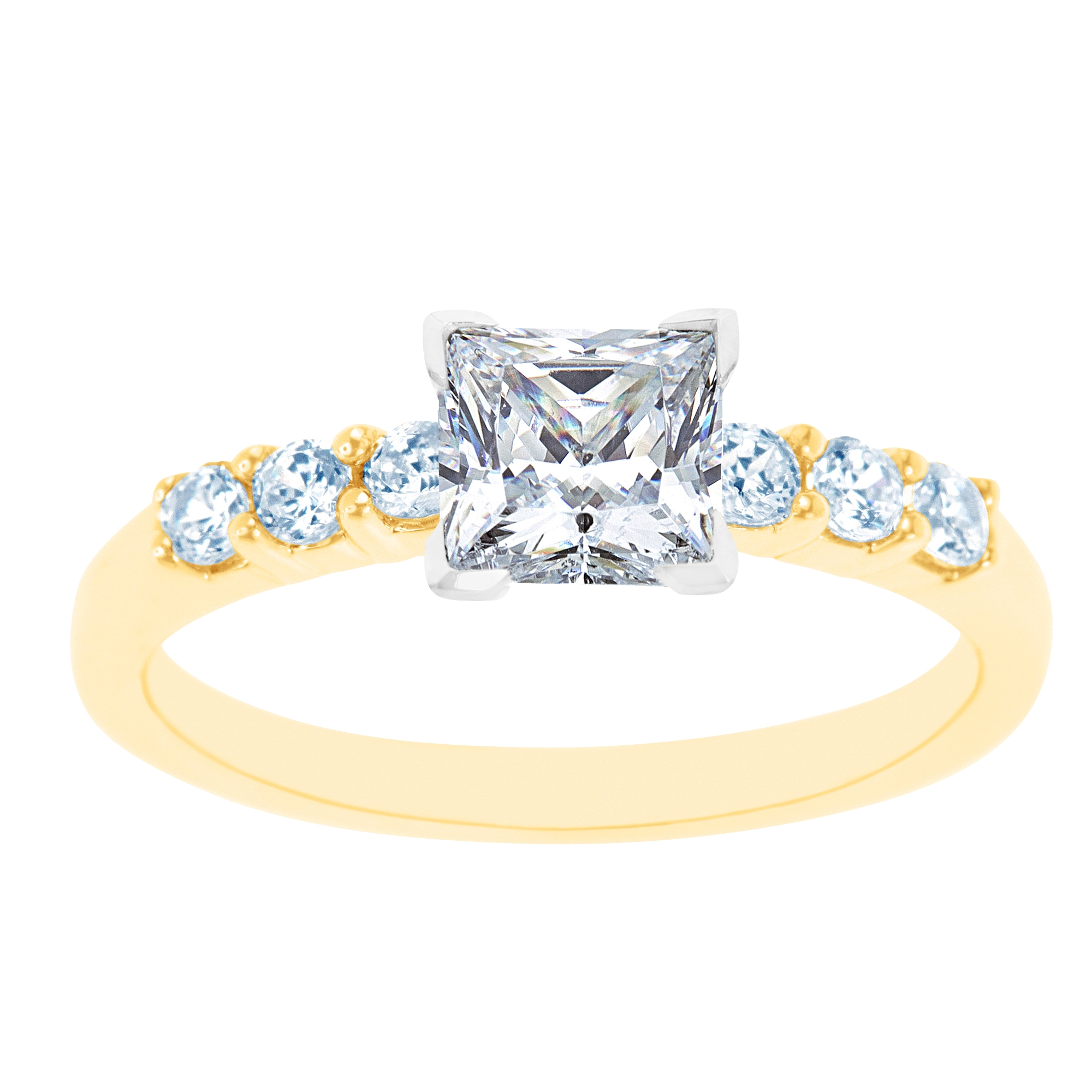 14K Two Tone Seven Stone Princess Cut Diamond Engagement Ring