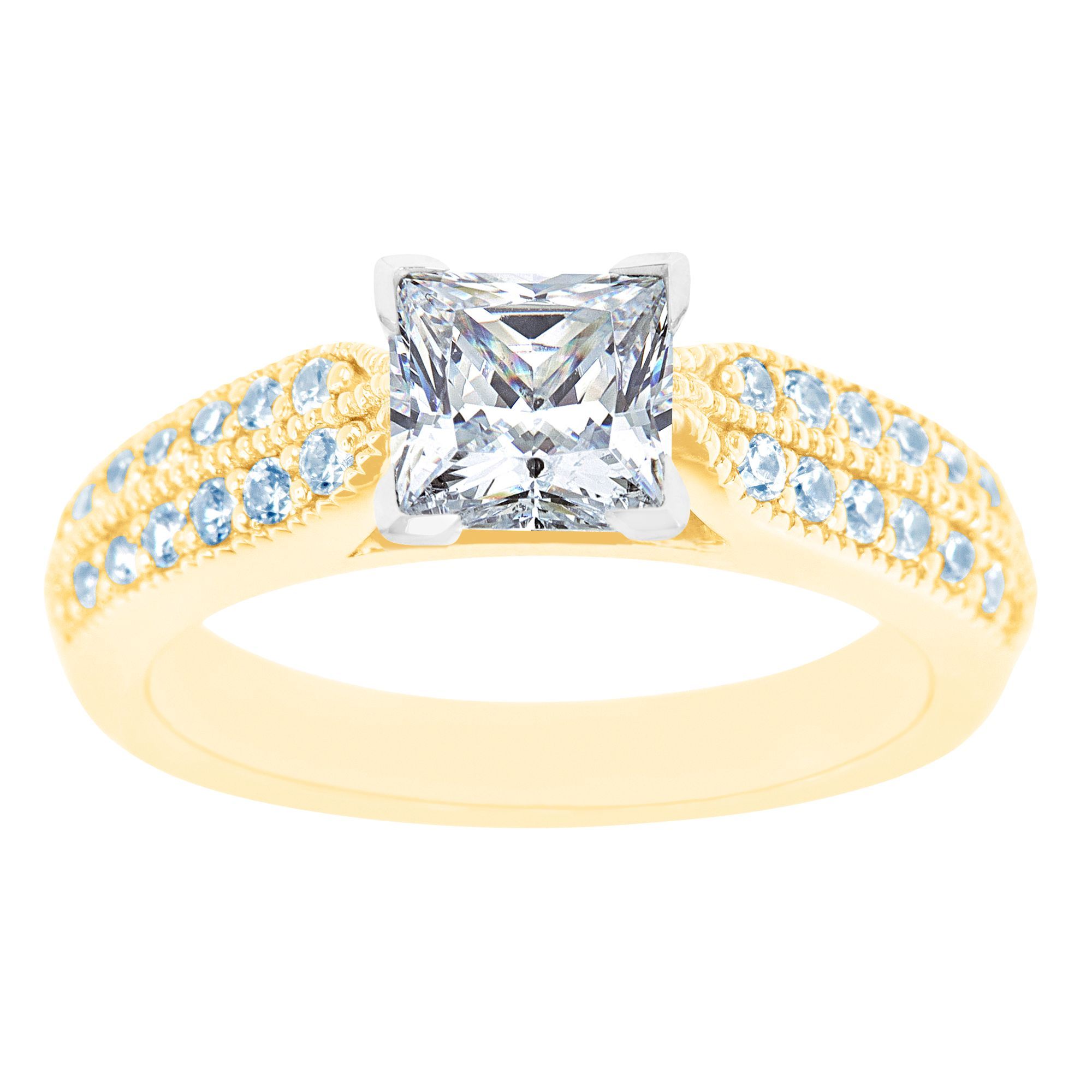 14K Two Tone Milgrain Double Row Princess Cut Diamond Engagement Ring