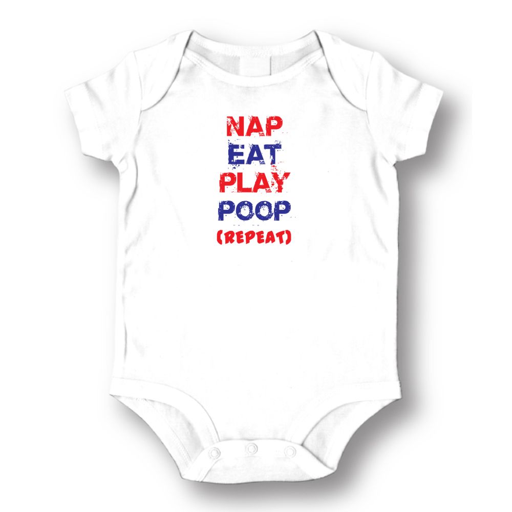 Nap Eat Play Poop Baby Romper Onesie; White