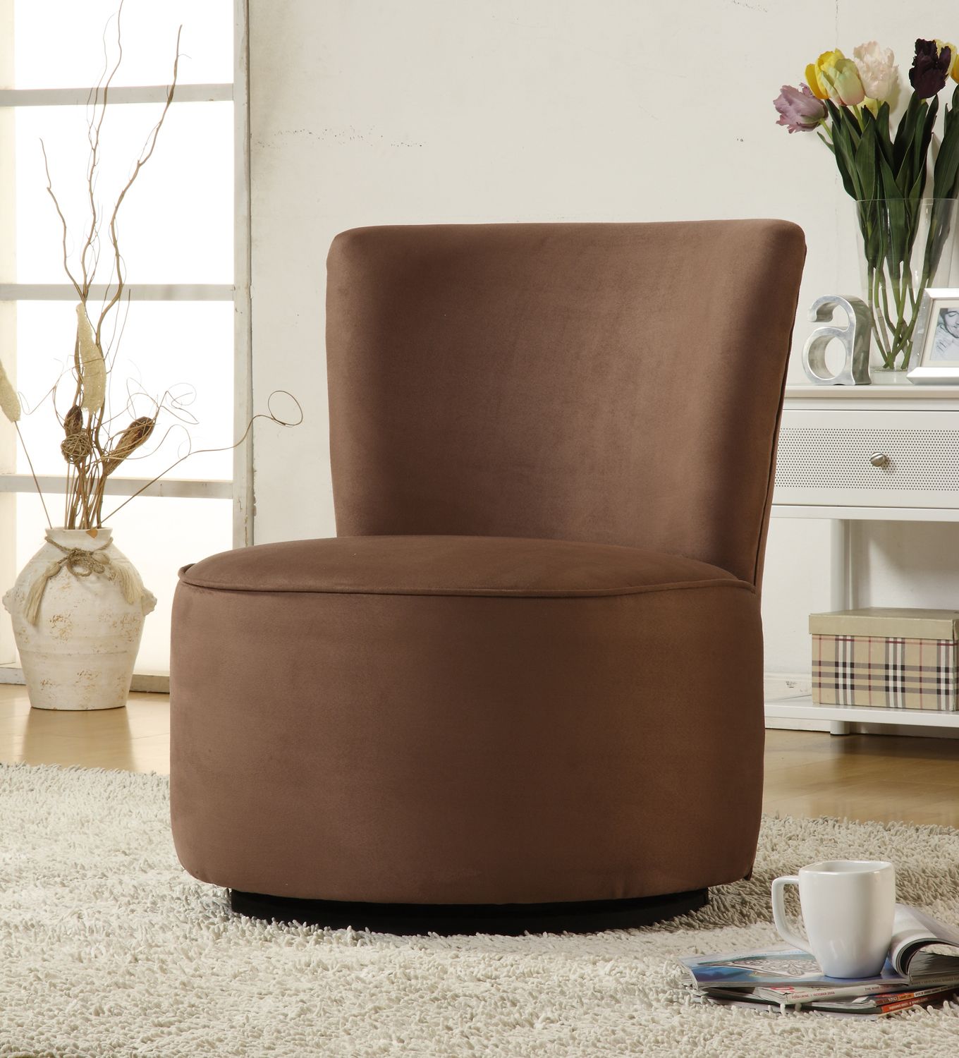 Dark Brown Microfiber Round Swivel Chair
