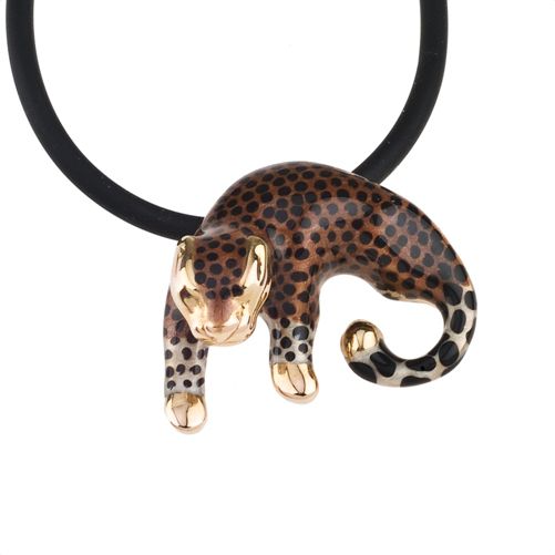 14Kt Yellow Gold & Sterling Silver Bonded Enamel Leopard Pendant at mygofer.com