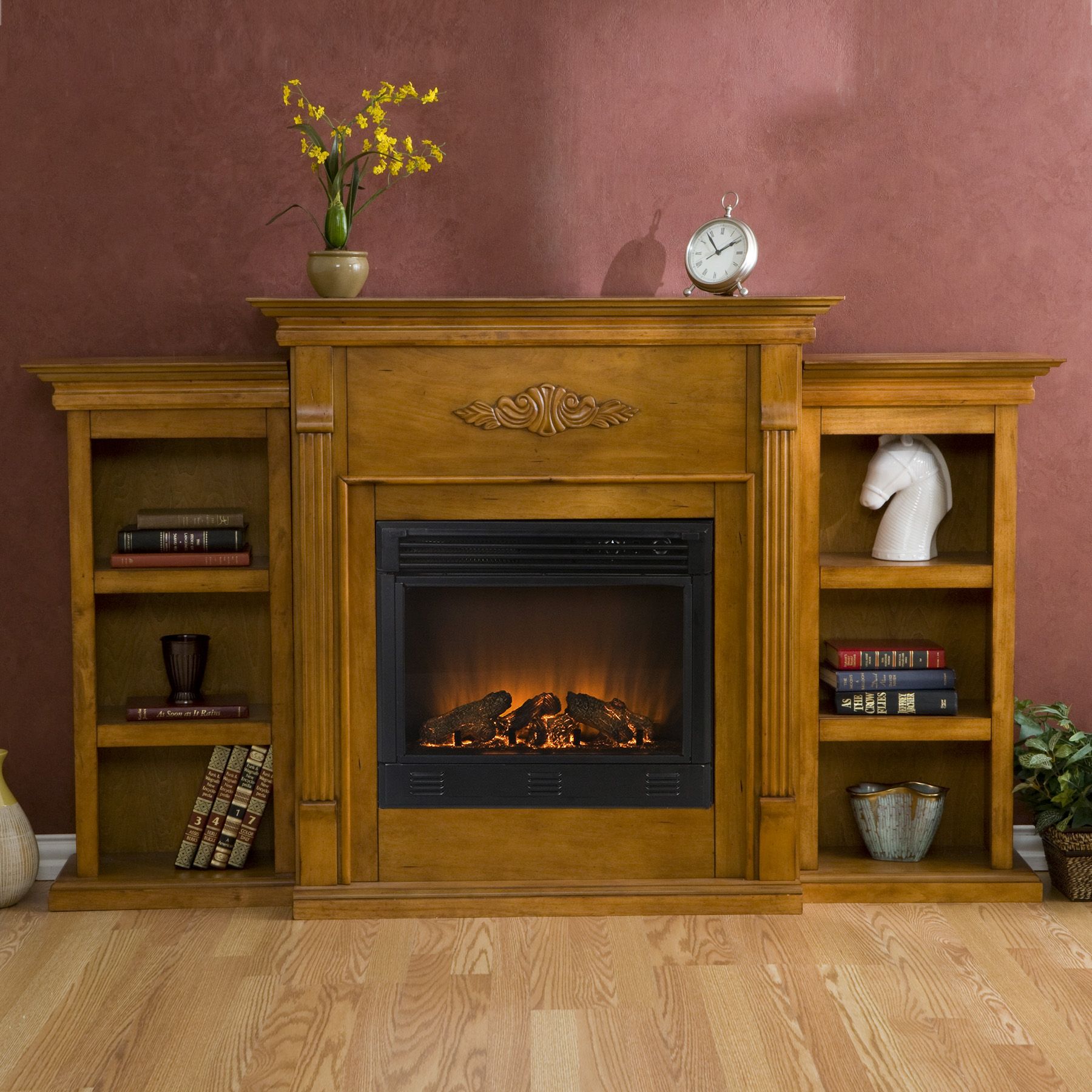 Tennyson Plantation Oak Electric Fireplace w/Bookcases                                                                           at mygofer.com