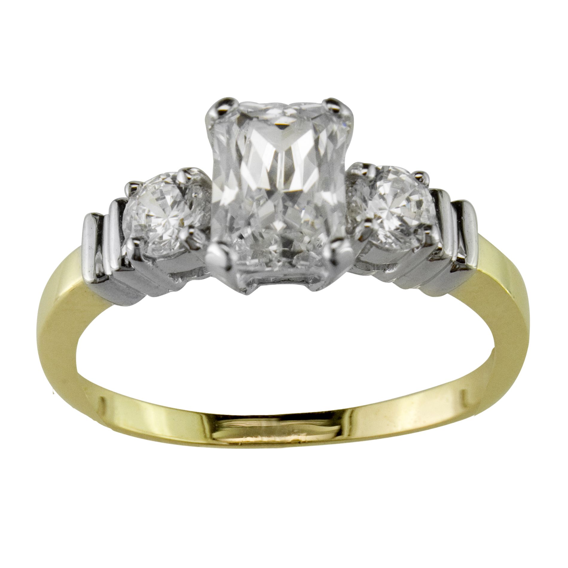 Radiant and Round Cubic Zirconia 3-Stone Ring in 10K Yellow Gold