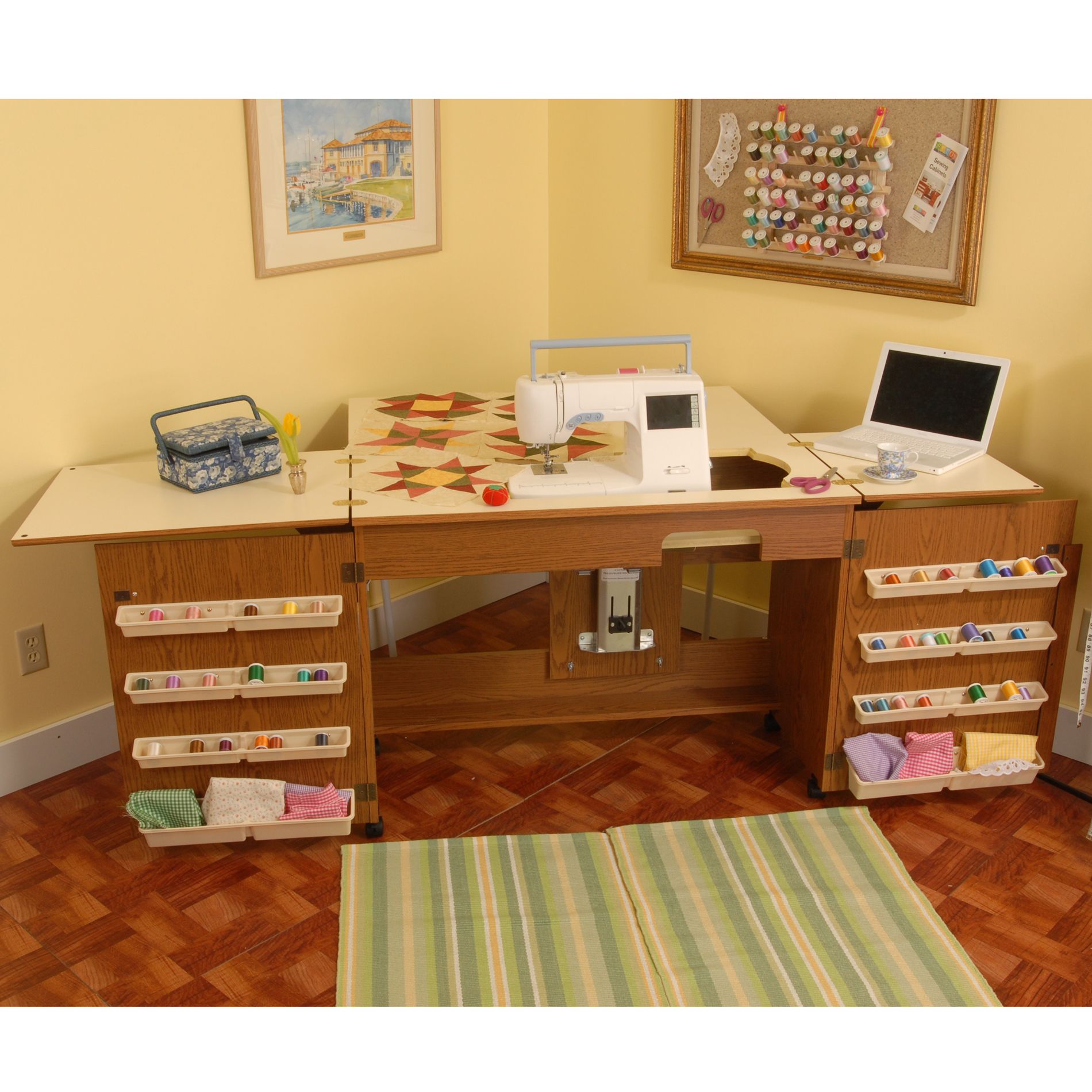 Arrow Bertha Oak Finish Sewing Machine Organizer Cabinet with Airlift