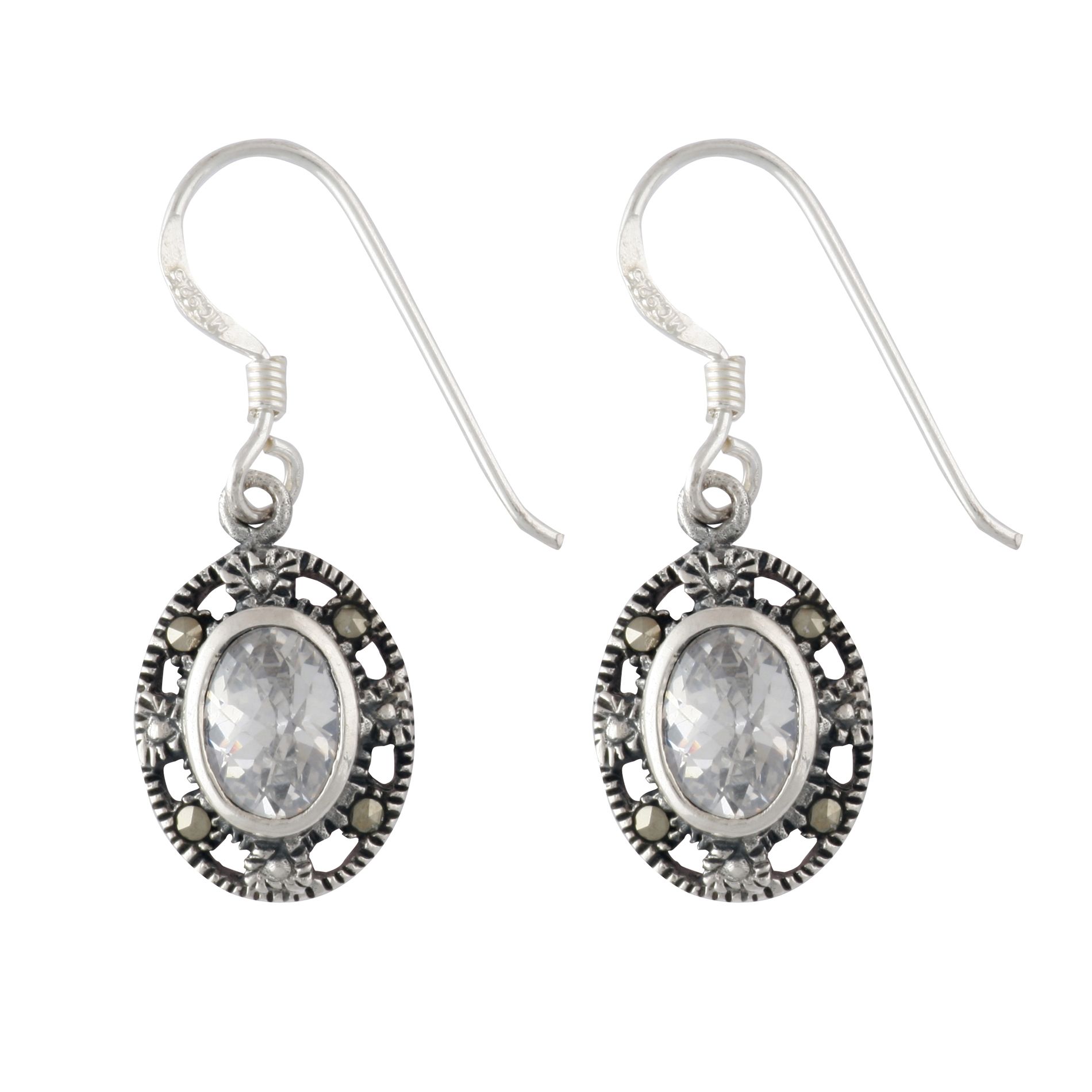 Sterling Silver, Marcasite and Clear Oval Glass Drop Earrings
