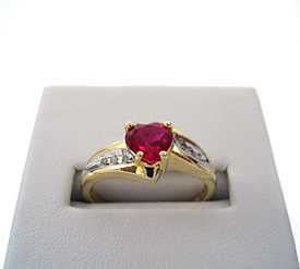 10 kt Yellow Gold Lab Created Heart Shaped Ruby & Diamond  Accent Ring
