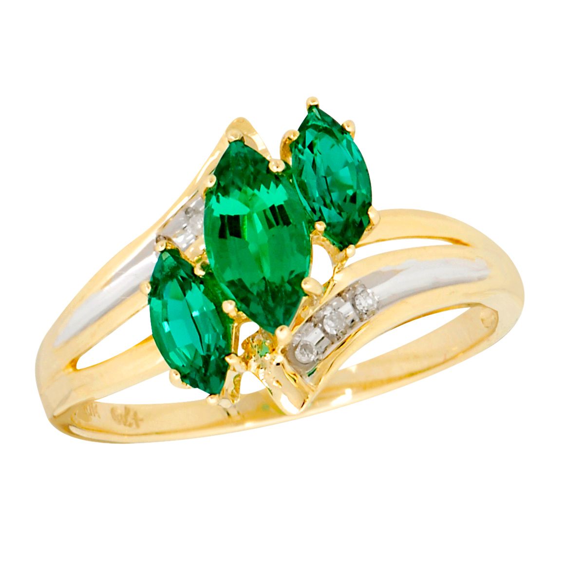 Lab Created 3-Stone Marquise Emerald and Diamond Ring 10 K Yellow Gold_in Size 7