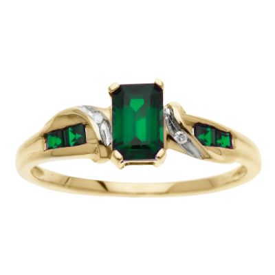 Lab Created Square Cut Emerald and Diamond Accent Ring. 10K Yellow Gold_in Size 7
