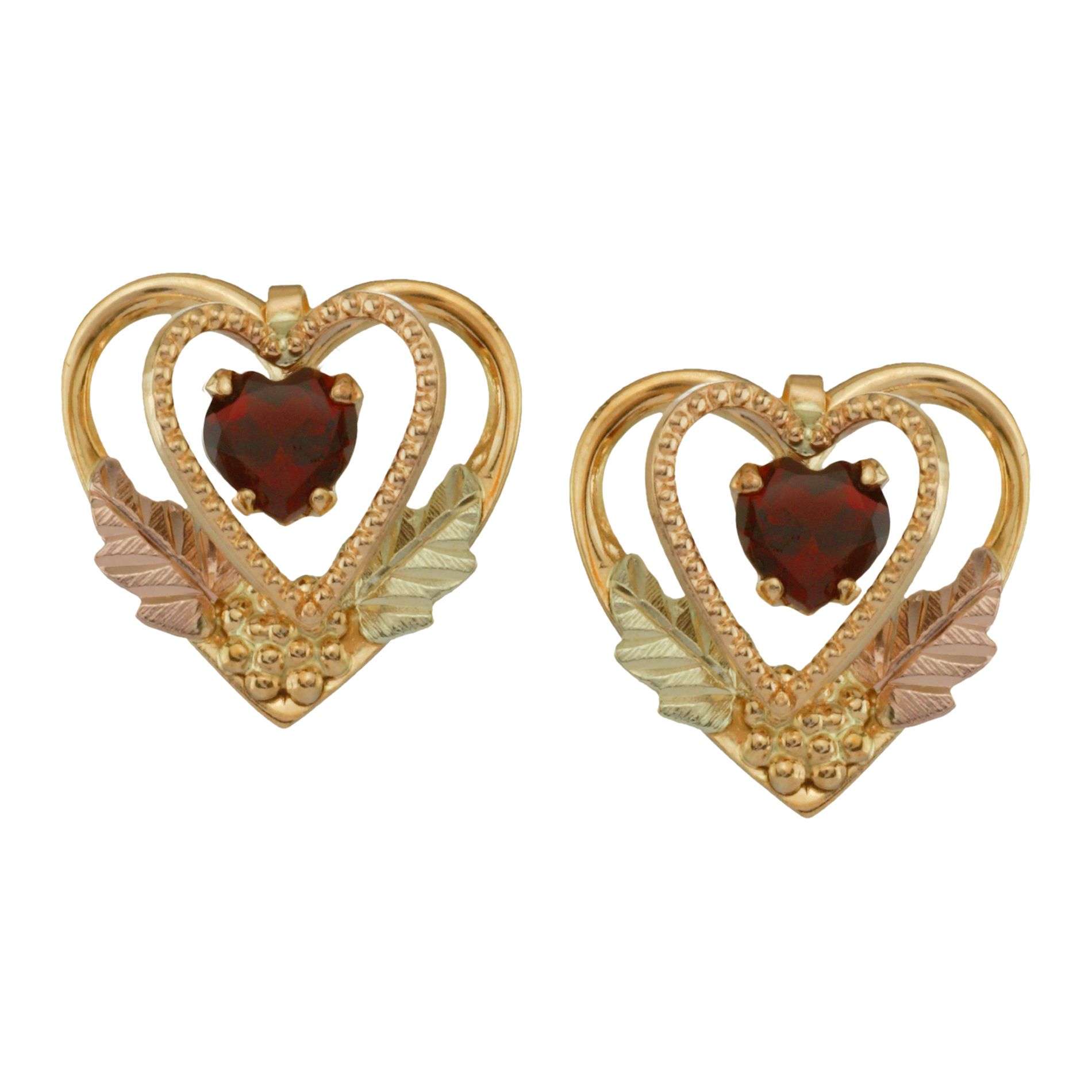 Black Hills Gold Tricolor 10K Gold Garnet Heart Earrings at mygofer.com
