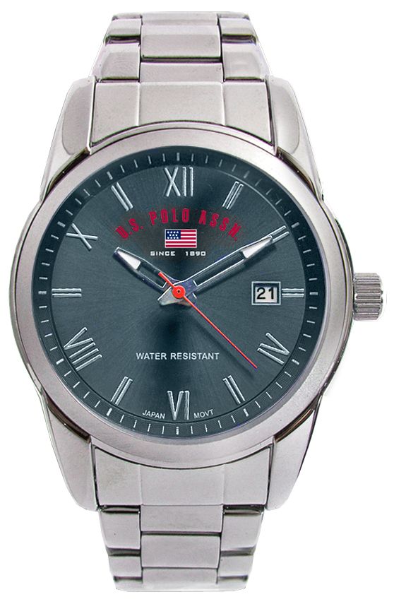 US Polo Assn. Mens Calendar Date Watch with Grey Sunray Dial and Link Band. at mygofer.com