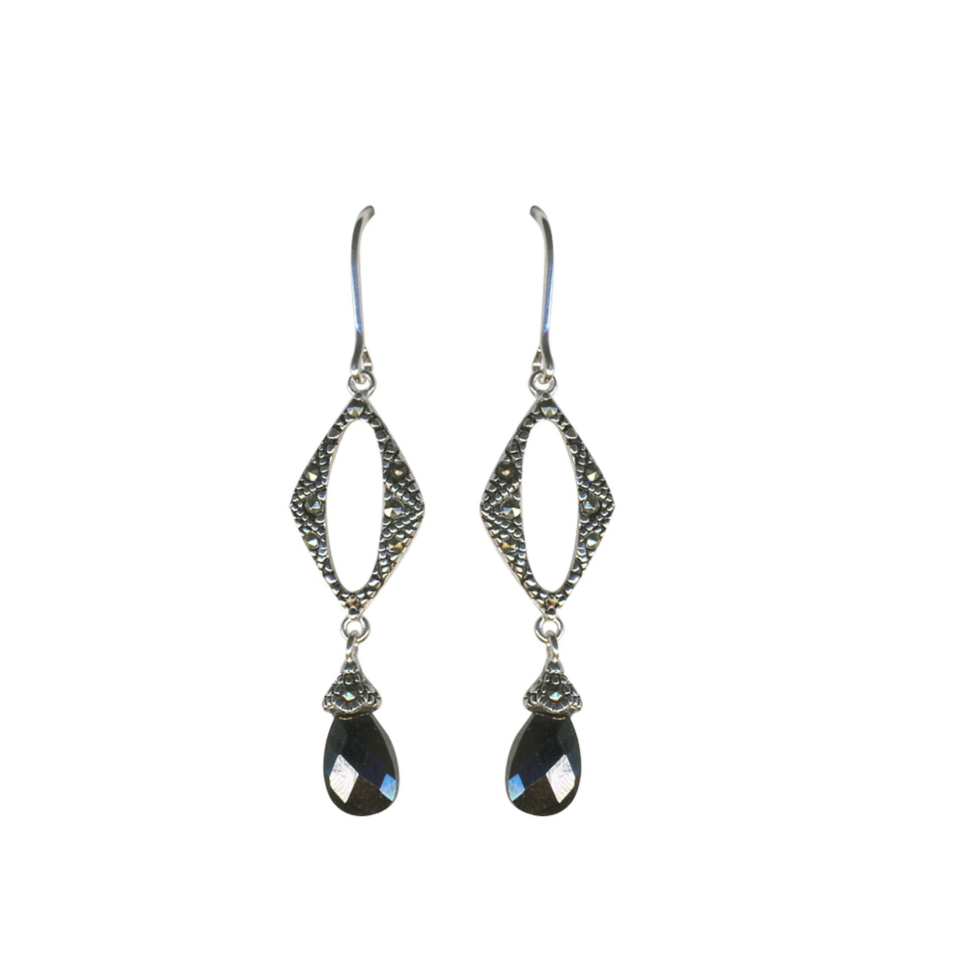 Black Cubic Zirconia and Marcasite Drop Earrings. Sterling Silver at mygofer.com