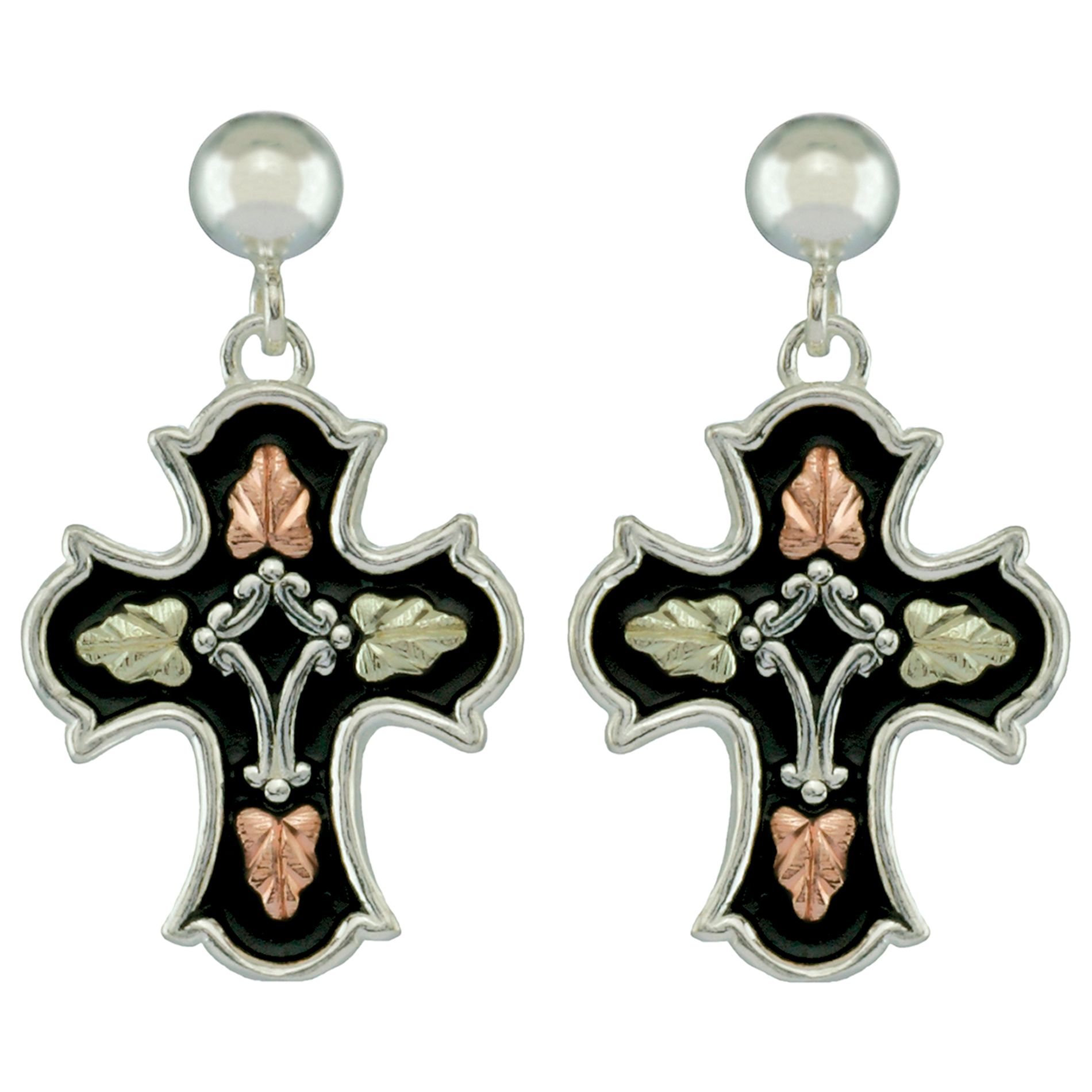 Tricolor Sterling Silver Antiqued Cross Earrings
