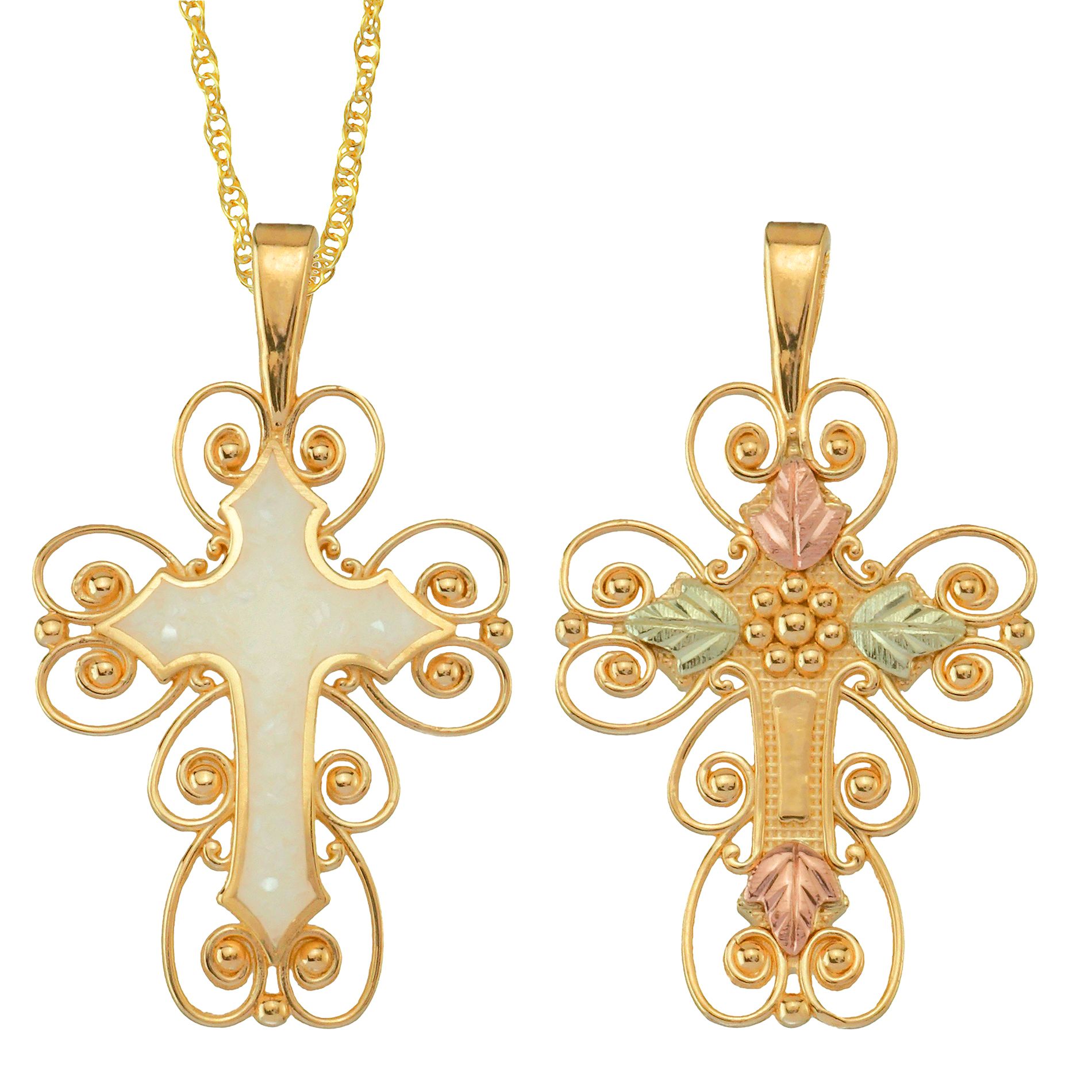 Black Hills Gold Tricolor 10K Reversible Mother of Pearl Cross Pendant at mygofer.com