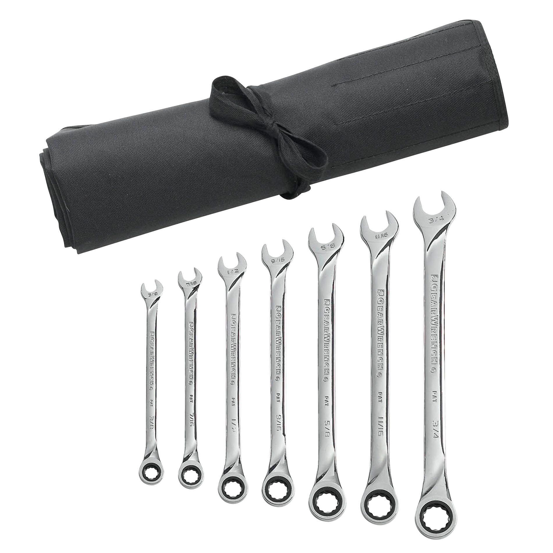 GearWrench 7 Piece SAE XL Ratcheting Combination Wrench Set with Roll Pouch