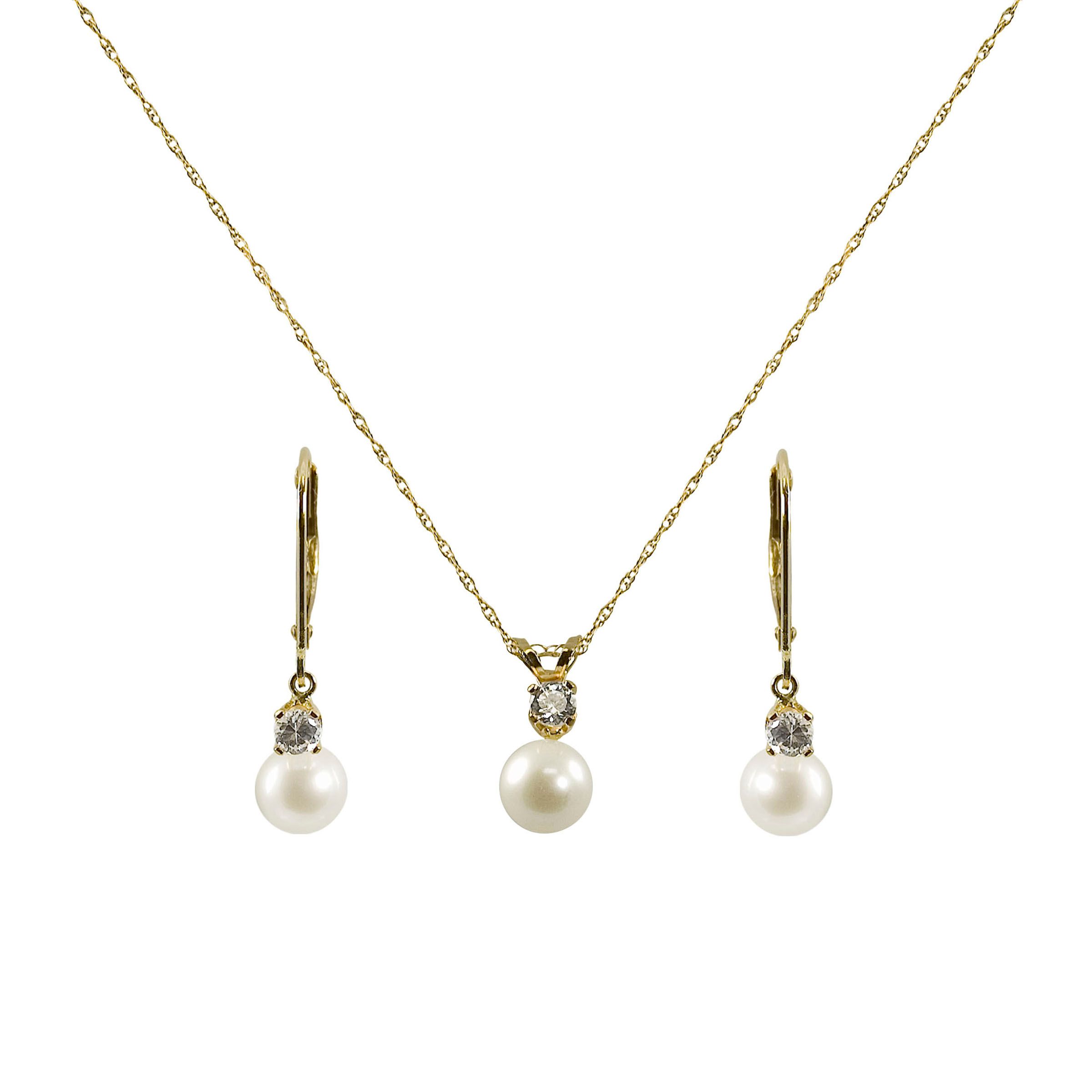 6-6.5mm Cultured Freshwater Pearl and White Topaz Pendant and Earring Set. 10k Yellow G at Sears.com
