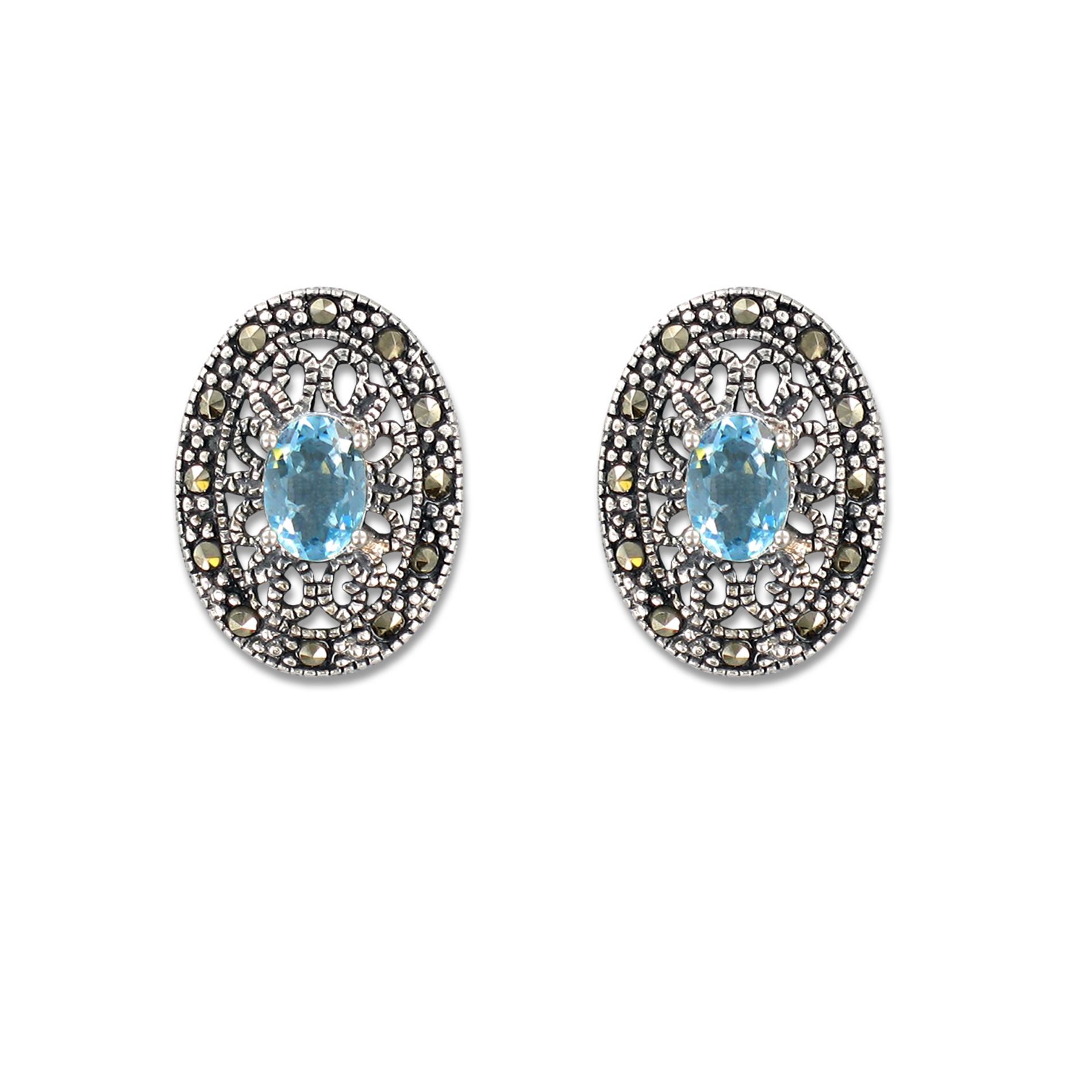 Sterling Silver Blue Topaz Earrings with Marcasite
