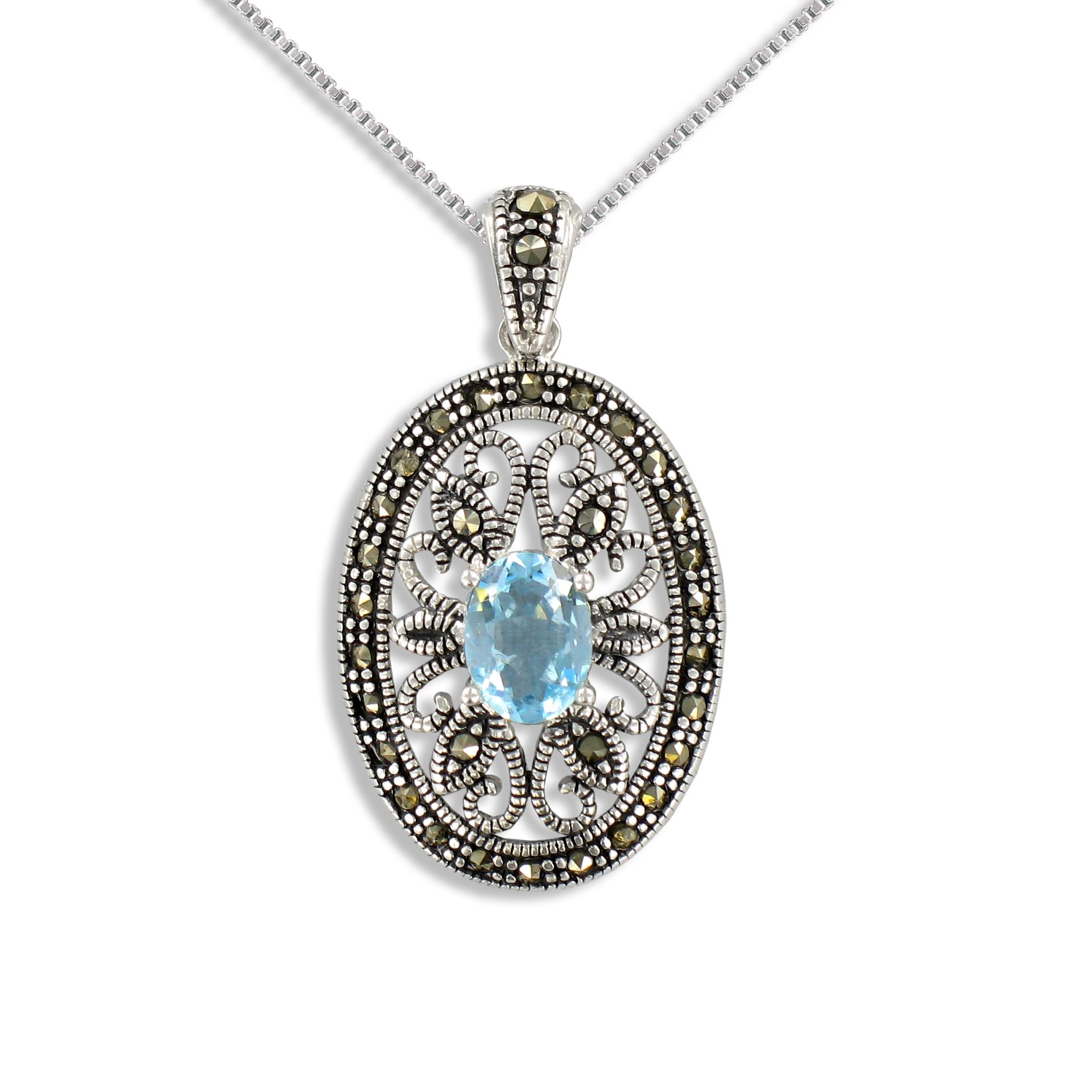 Sterling Silver Blue Topaz Pendant with Marcasite