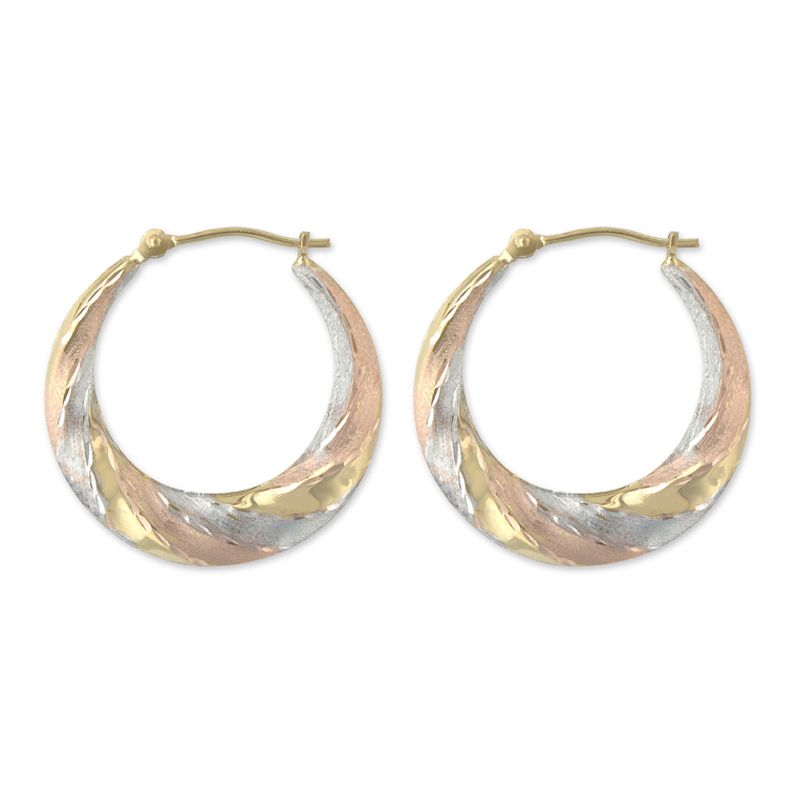 14k Tri-color Stone Finish Diamond Cut Fluted Hoop Earrings                                                                     