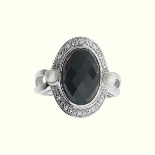 Onyx, Pearl and Diamond Ring. 10K White Gold at mygofer.com