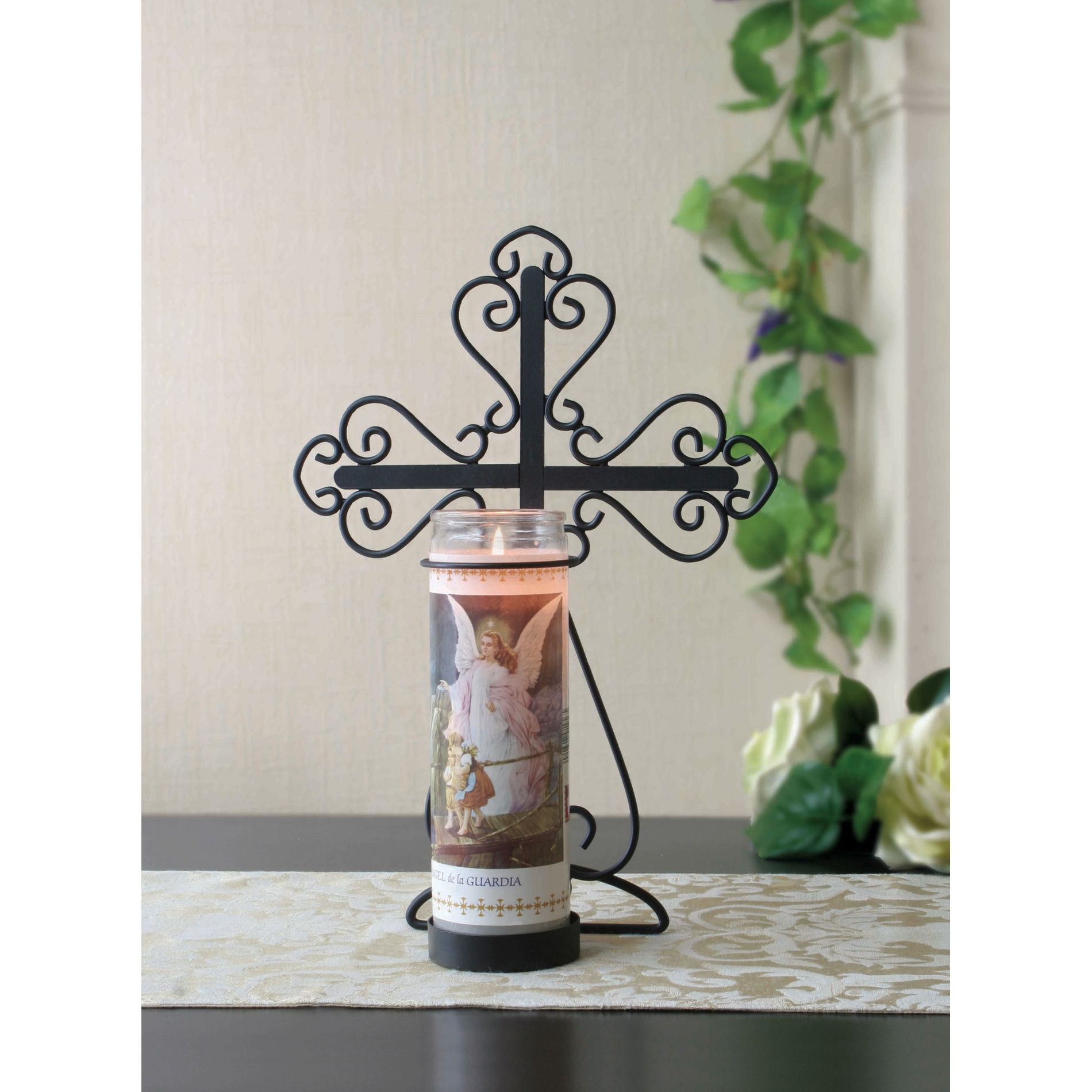 Religious Moments Black Hurricane Candle Holder with Cross Pattern