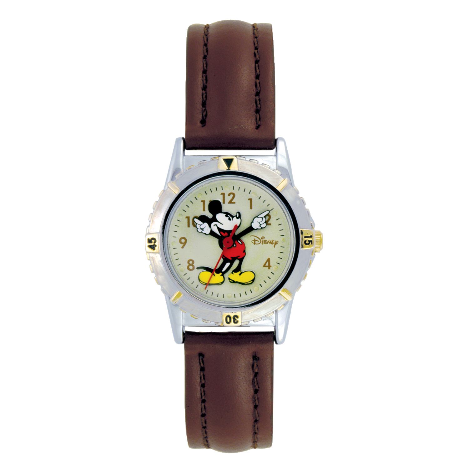 Disney Mickey Mouse Watch with GT & ST Case, White Dial and Brown Leather Band at mygofer.com