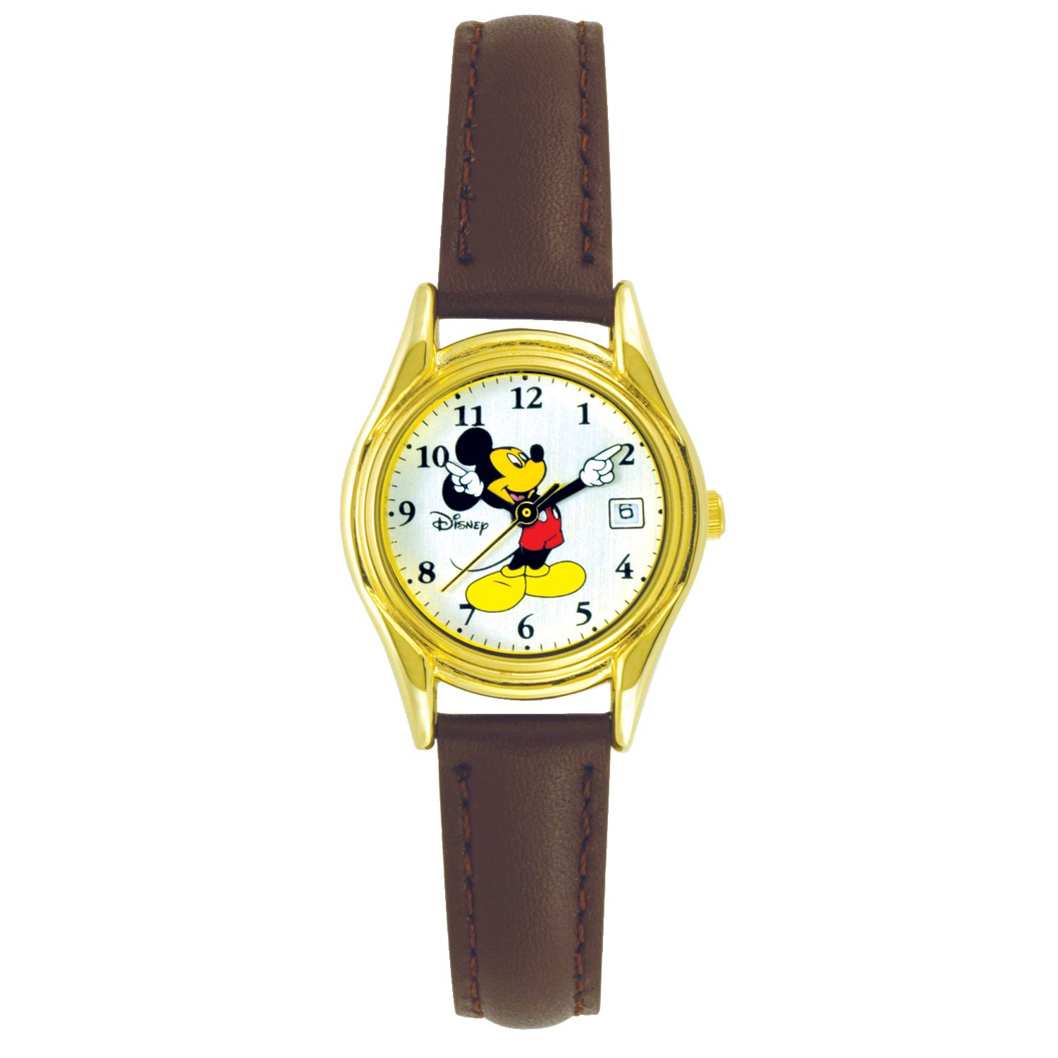 Disney Mickey Mouse Calendar Date Watch with Round White Dial and Brown Leather Band at Kmart.com