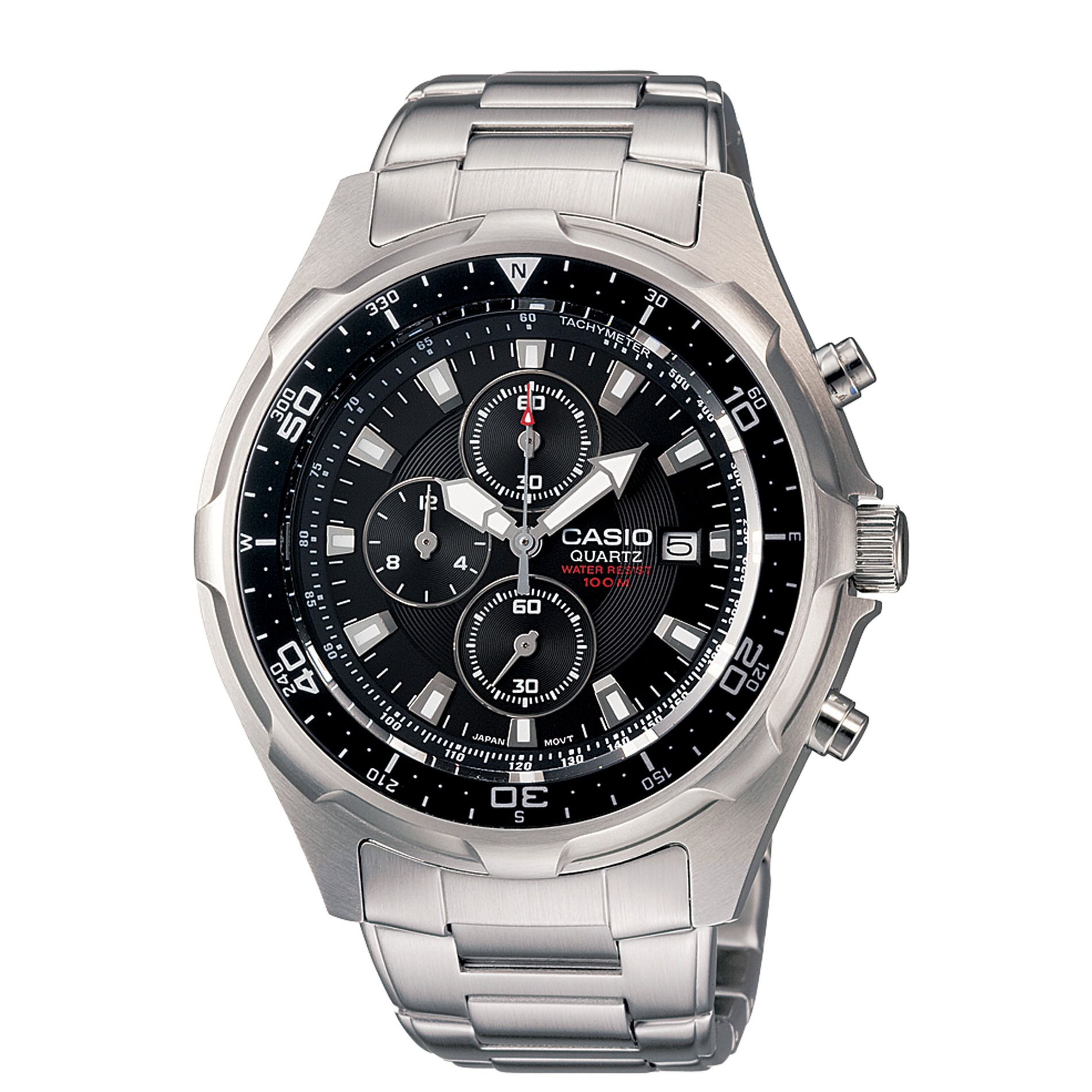 Casio Mens Calendar Date Chronograph Watch w/Round Black Dial & Silvertone Link Band at Sears.com