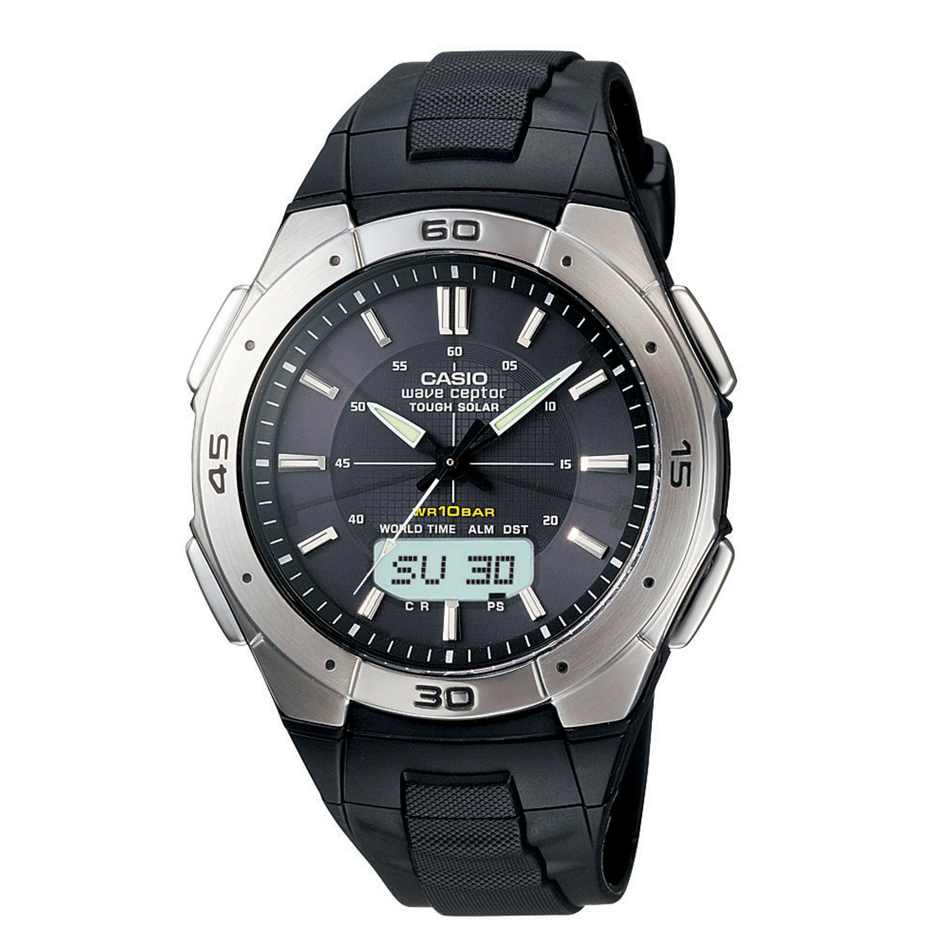 Casio Mens Calendar Day/Date Atomic Watch w/Round Black Dial & Black Resin Band at Sears.com