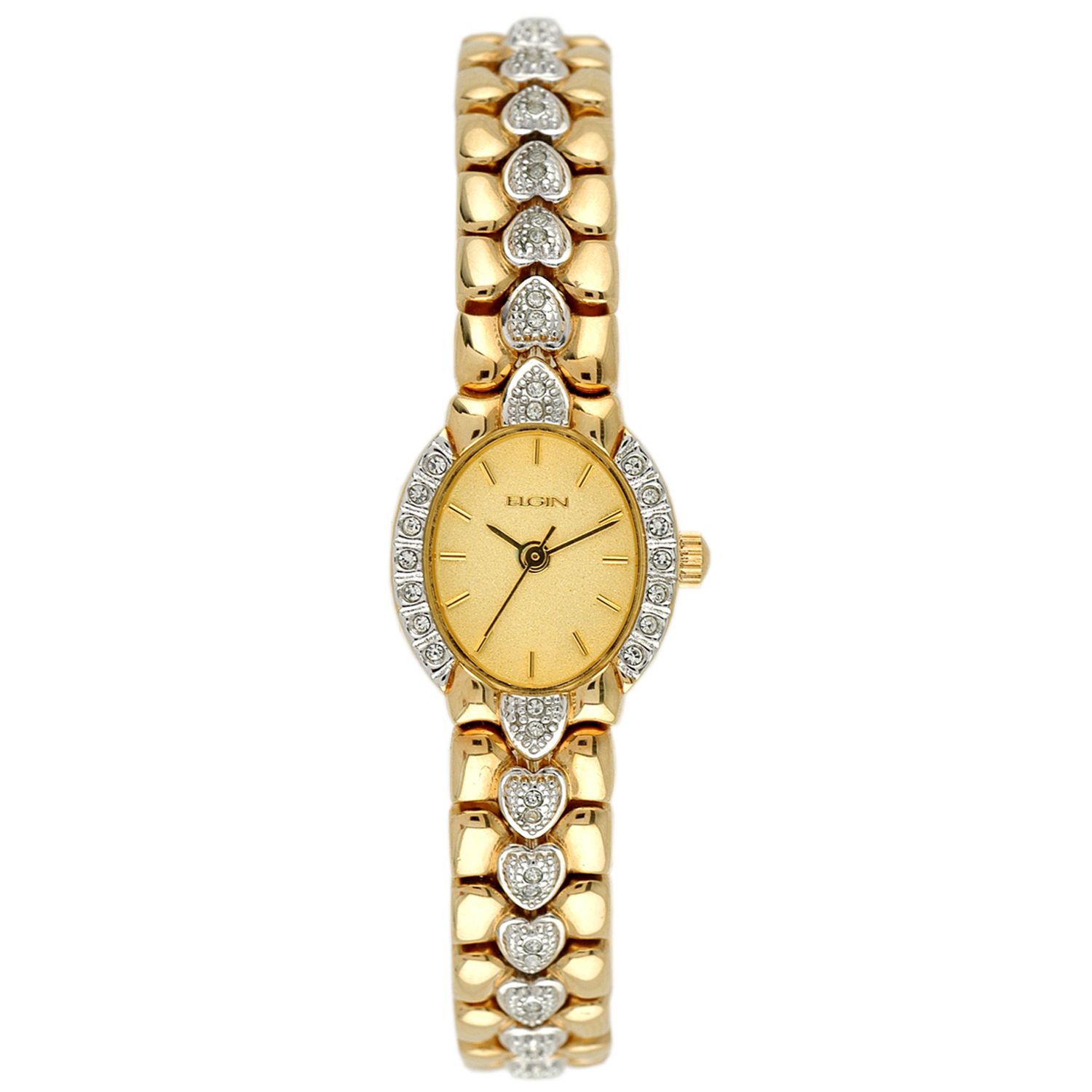 Elgin Ladies Watch with Crystal Silver Sunray Oval Dial and GT Heart