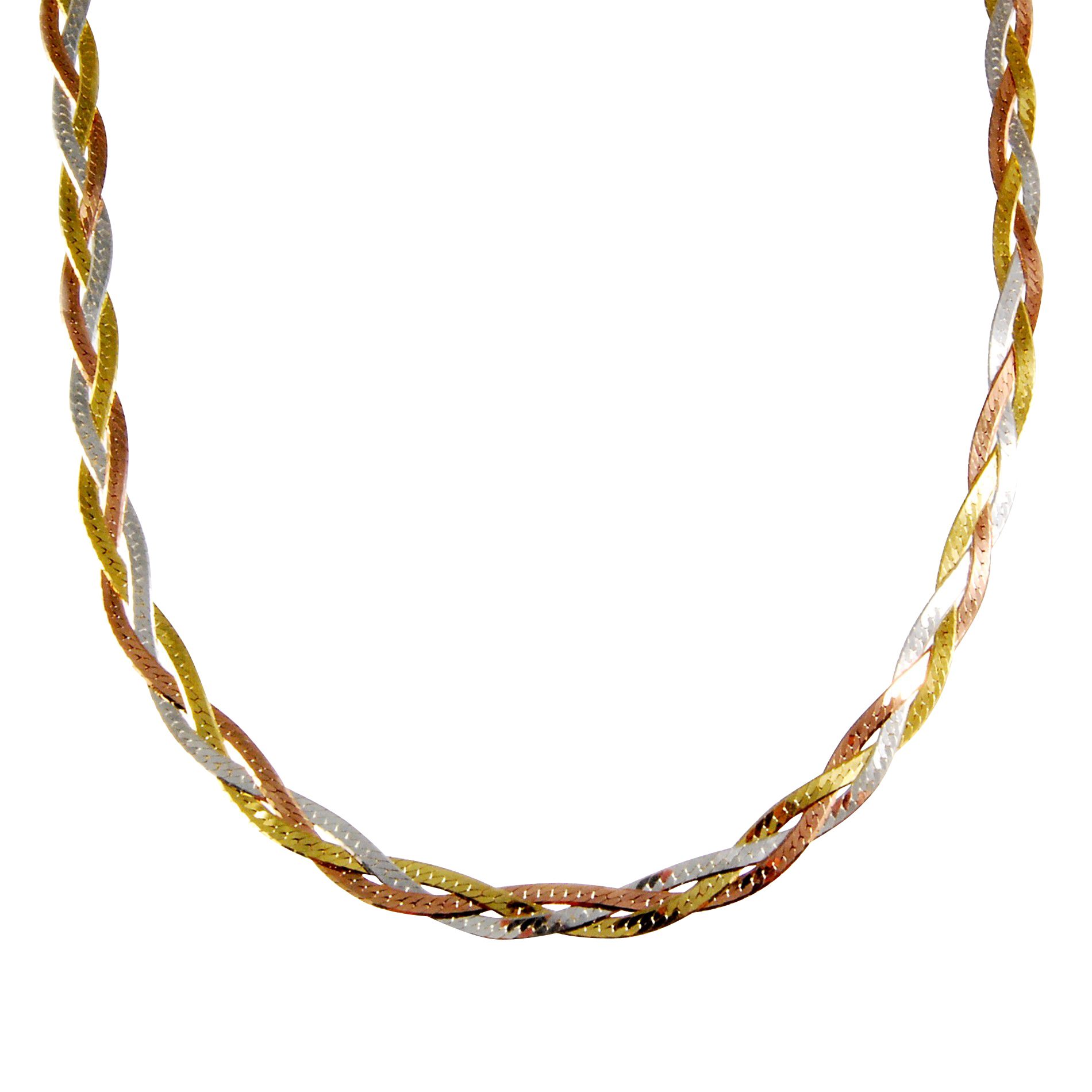 Tri-color Gold Over Sterling Silver Braided Herringbone Chain Necklace