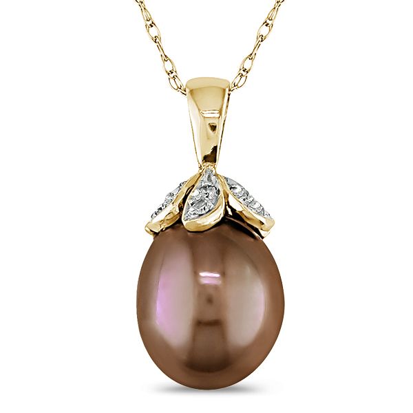 9-10MM Brown Cultured Pearl Pendant in 10k Yellow Gold with Diamond Accents