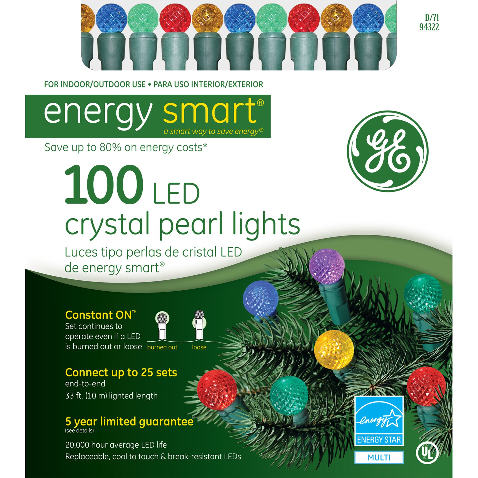 GE Energy Smart LED 100 Light Pearl String Set, Multi - Seasonal - Christmas - Lights