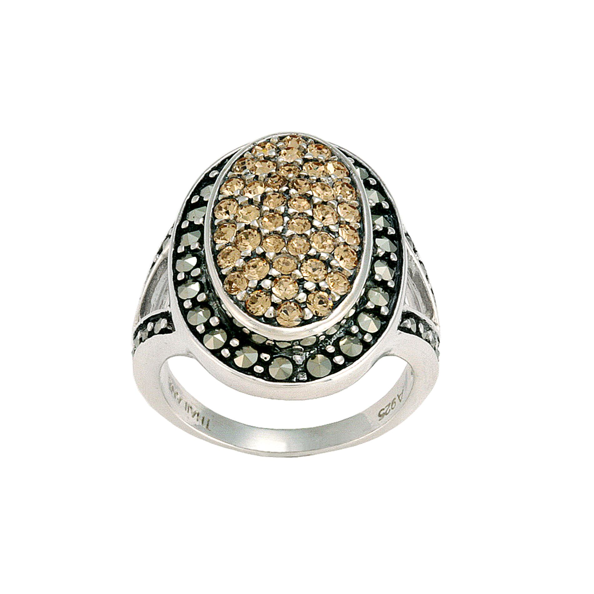 Marcasite Pave and Champagne Crystal Oval Ring. Sterling Silver