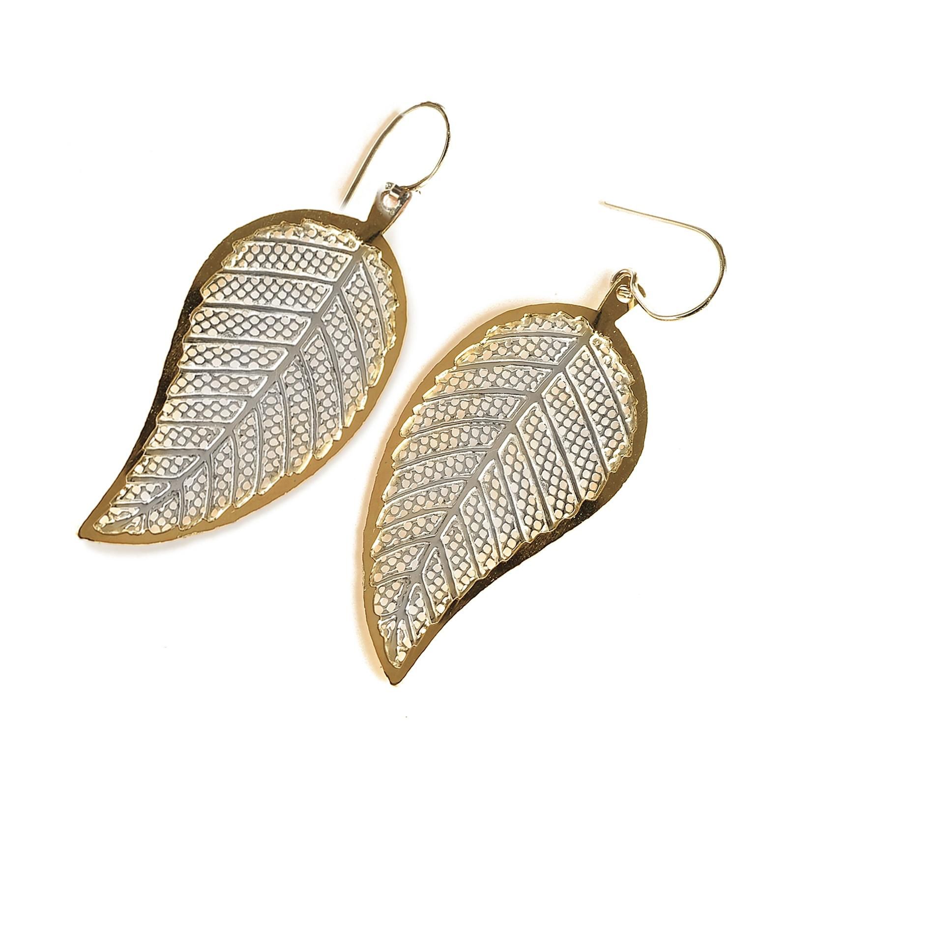 Jewelry For Trees 14 K Gold and Sterling Silver Mesh Leaf Dangle Earrings