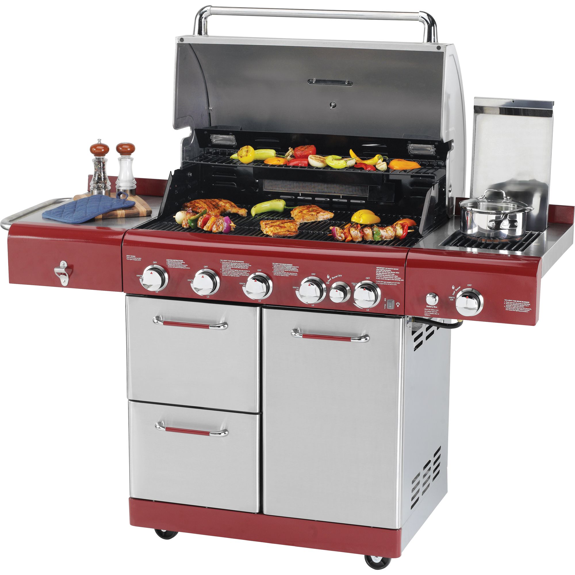 Kenmore 5-Burner Gas Grill with Back Burner and Ceramic Side Burner - Red/Black