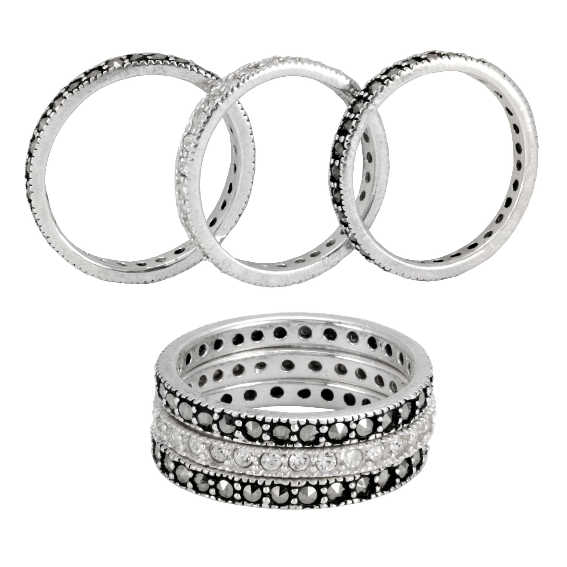 Sterling Silver & Marcasite Crystal 3-Ring Set