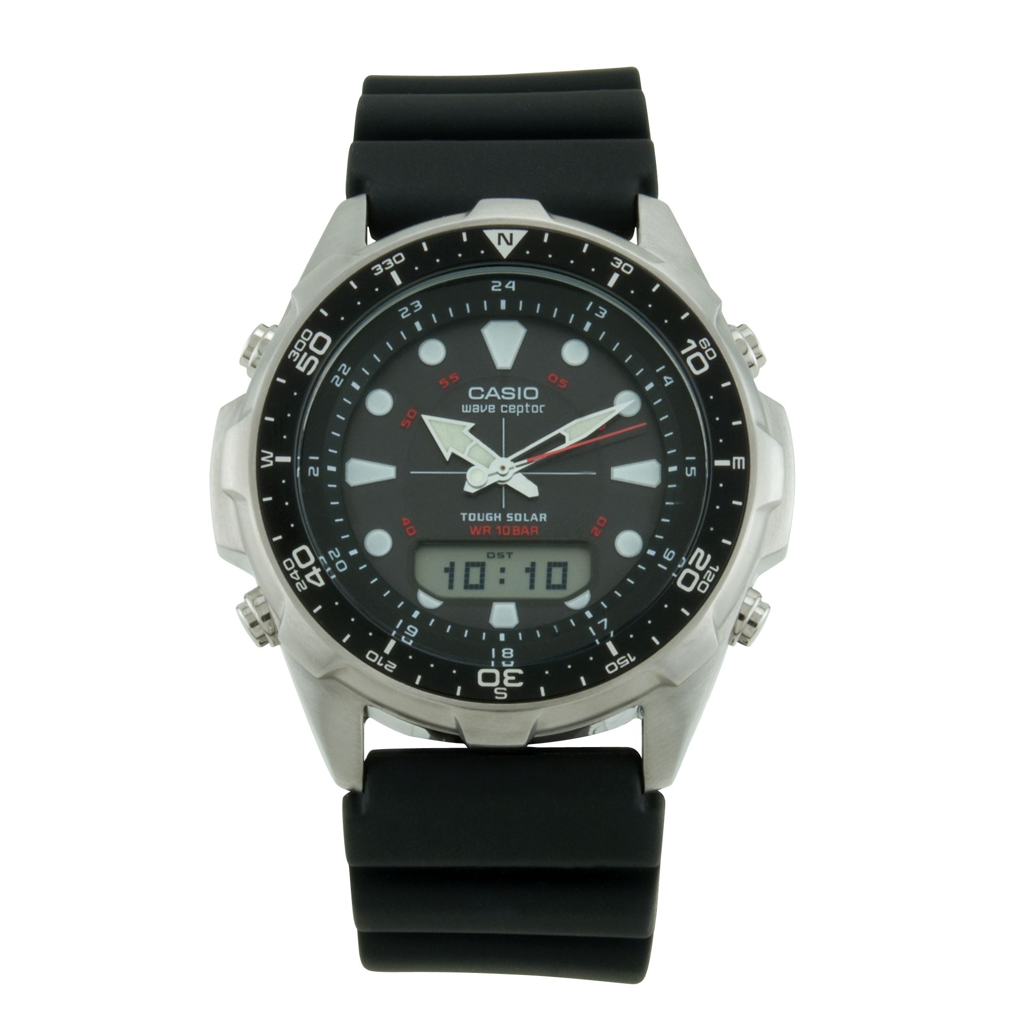 Casio Mens Solar Power Waveceptor Watch w/Compass Design Black Dial