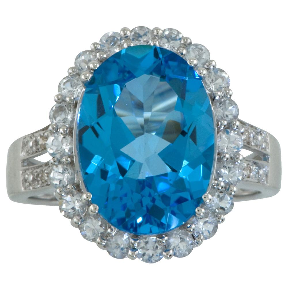 Blue & White Topaz & Diamond Accent Sterling Silver Halo Ring_in Size 8