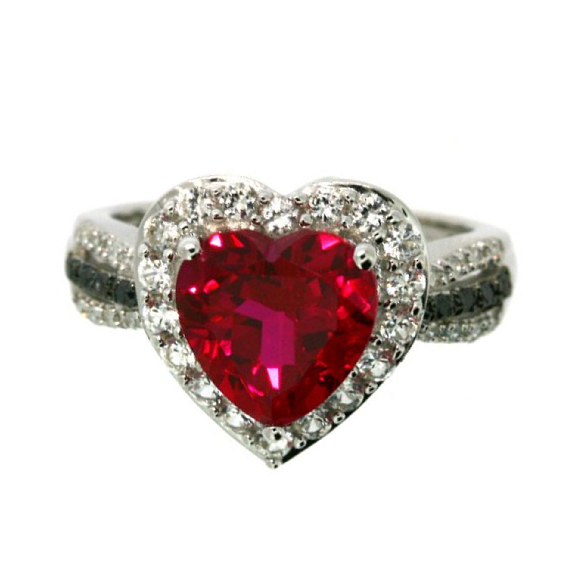 Lab Created Ruby and White Sapphire Ring in SS with Black/White Diamond Accents