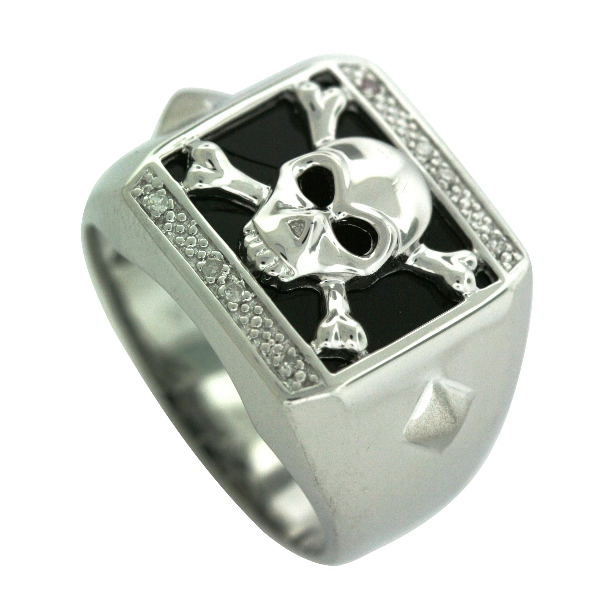 Mens Onyx and Diamond Accent Skull Ring in Sterling Silver_in Size 10.5