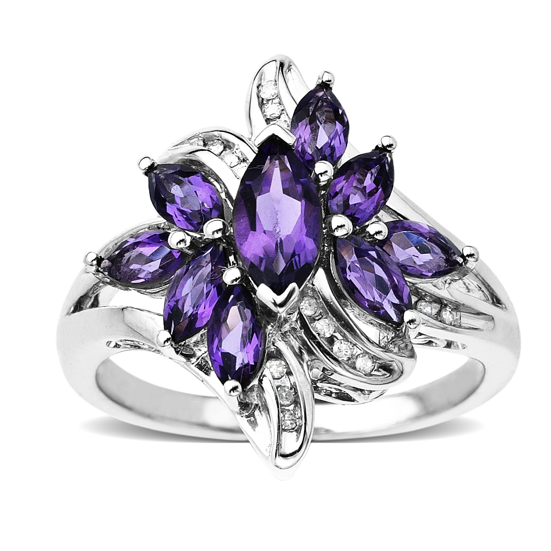 Amethyst and Diamond Accent Cluster Ring in Sterling Silver