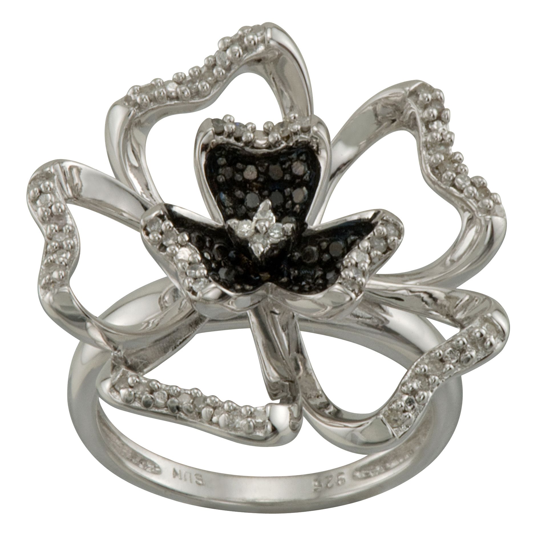 1/5 cttw Black and White Diamond Flower Ring in Sterling Silver_in Size 7