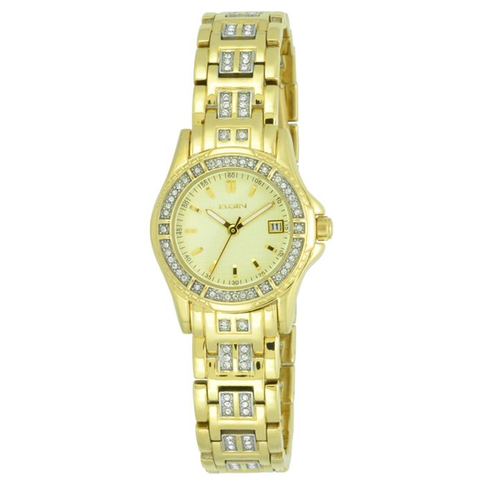 Elgin Ladies Calendar Date Watch w/Crystals, Champagne Dial and GT Band at Sears.com