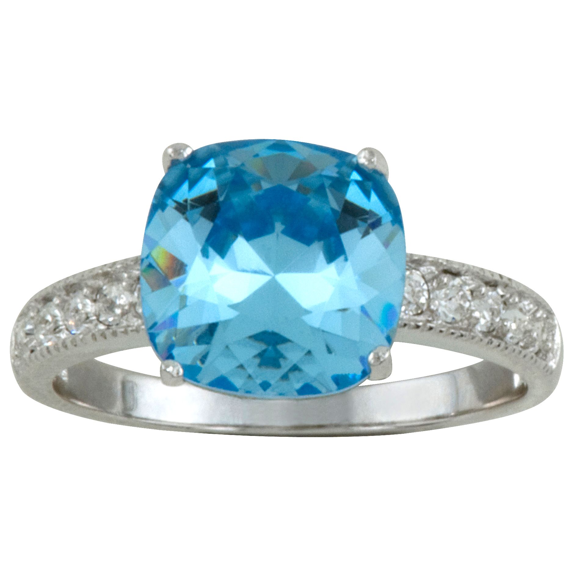 Cushion-cut Aquamarine & Clear Swarovski Crystal Ring in Rhodium over SS_in Size 8