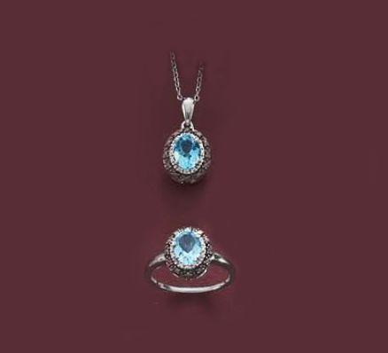 Blue Topaz with Black and White Diamonds Sterling Silver Set