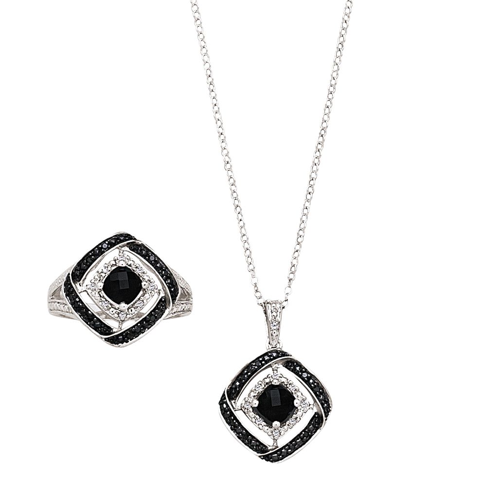 2-Piece Onyx Diamond Sterling Silver Necklace & Ring Set