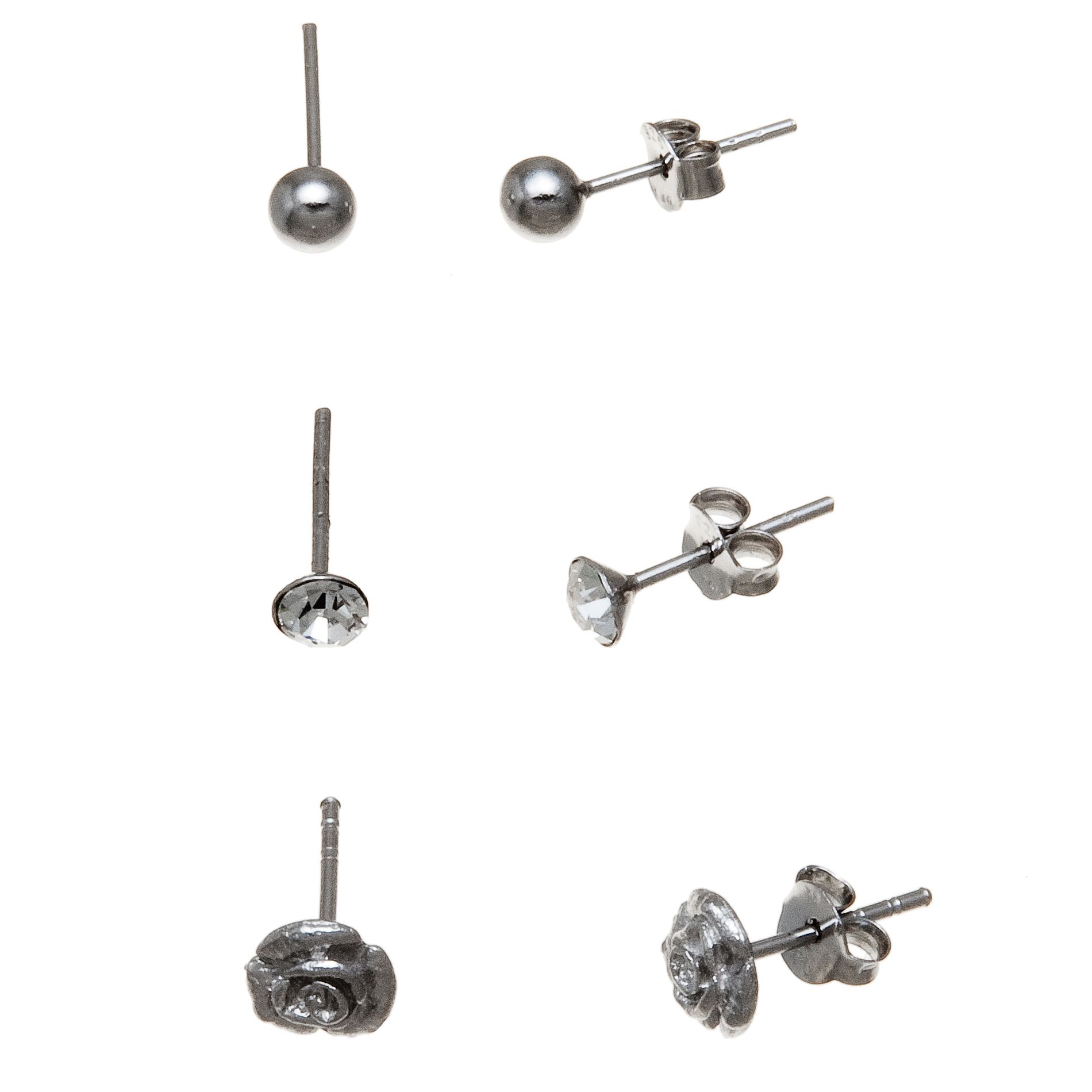 3-Pair Sterling Silver Ball, Cubic Zirconia and Flower Earring Set