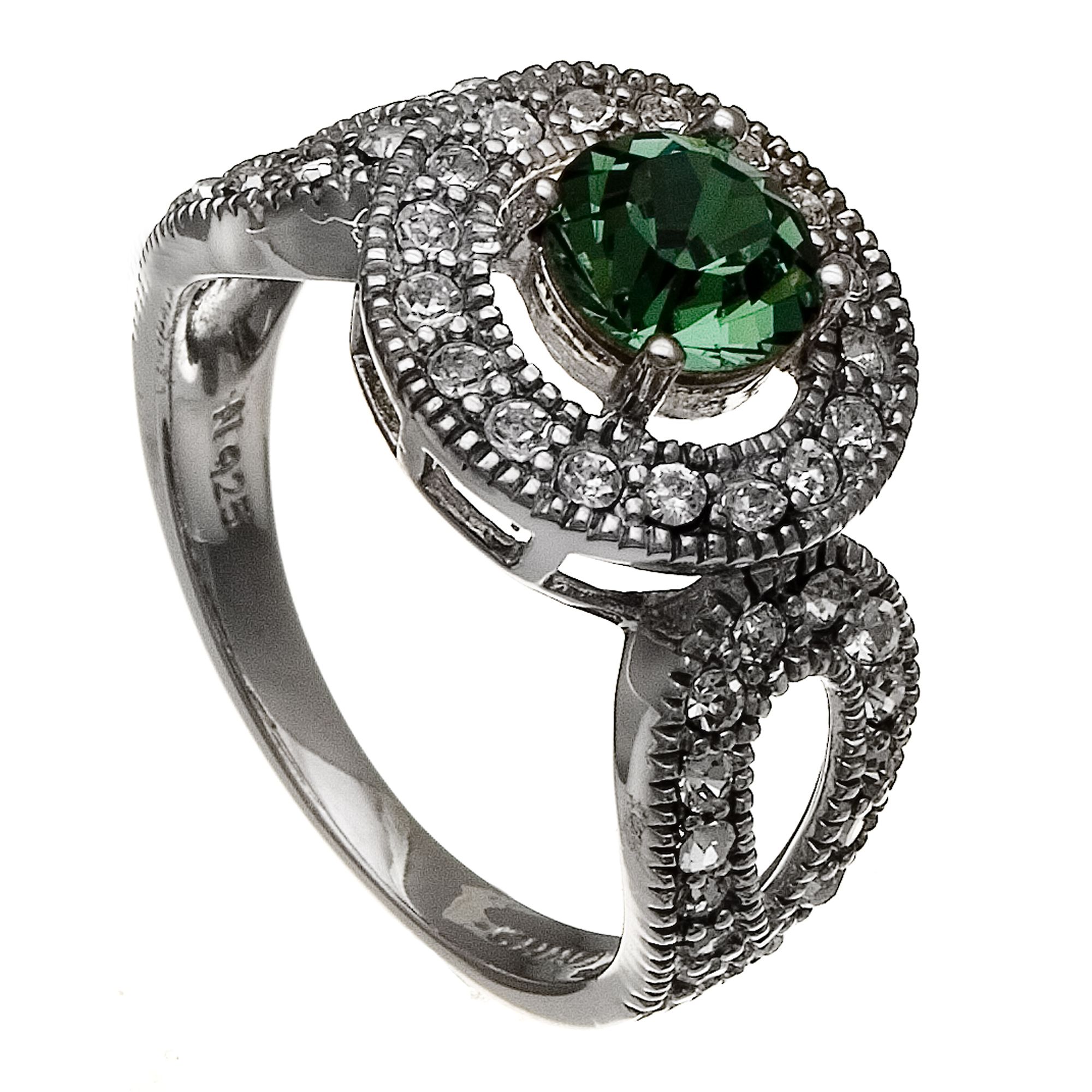 Green Round Crystal Sterling Silver Ring_in Size 8