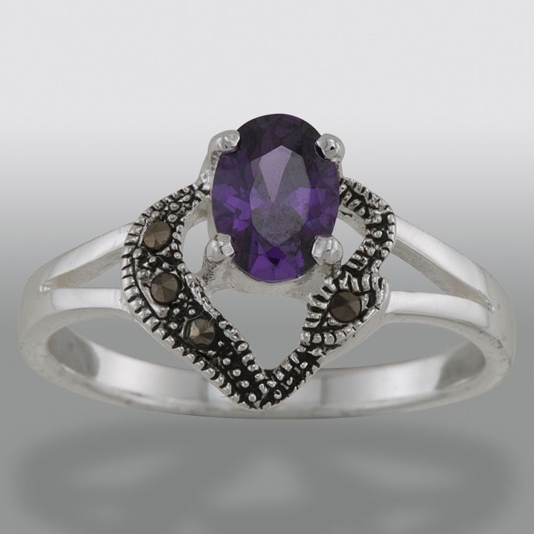 Sterling Silver Marcasite and Amethyst Cubic Zirconia Ring